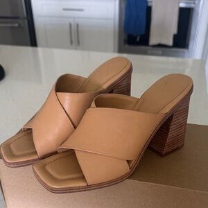 Marc Fisher Tan Leather Block Heel Mules